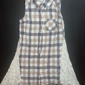 a'reve Lace Plaid Cotton‎ Tunic Sleeveless Button Multicolor Women's Medium